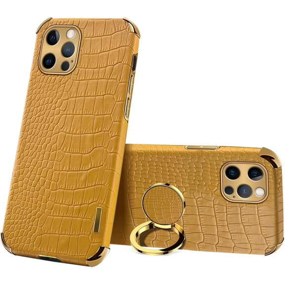 MKEUDQ-Compatible with iPhone 16 Pro Max Ring Holder Case Luxury Crocodile Cover Gold Edge 360 Degree Rotation Stand Compatible with Women Slim Leather Snake Lizard Skin Protective Cover case,Yellow