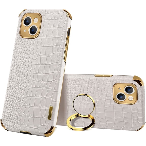 MKEUDQ-Compatible with iPhone 16 Ring Holder Case Luxury Crocodile Cover Gold Edge 360 Degree Rotation Stand Compatible with Women Slim Leather Snake Lizard Skin Protective Cover case,White