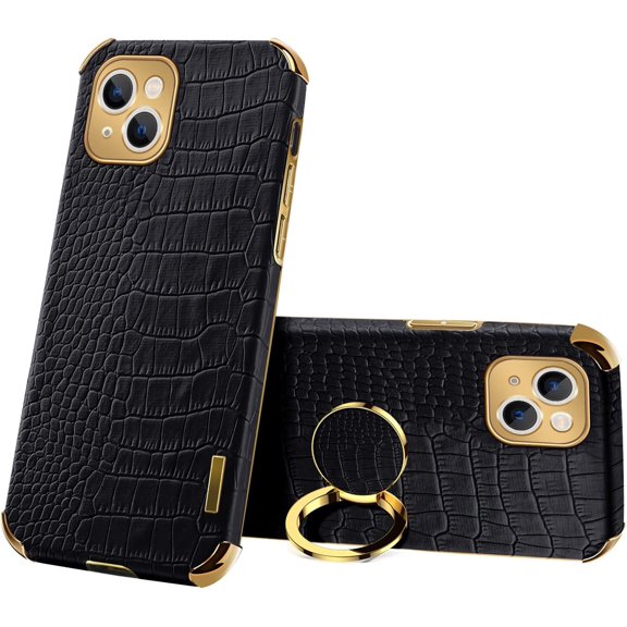MKEUDQ-Compatible with iPhone 16 Ring Holder Case Luxury Crocodile Cover Gold Edge 360 Degree Rotation Stand Compatible with Women Slim Leather Snake Lizard Skin Protective Cover case,Black