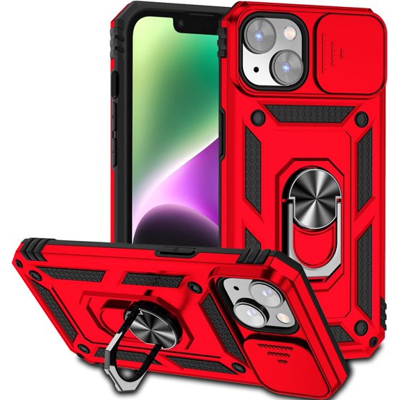 MKEUDQ-Compatible with iPhone 14 Case 6.1", iPhone 14 Magnetic Case with Camera Cover & Kickstand Military Grade Shockproof Cover Red