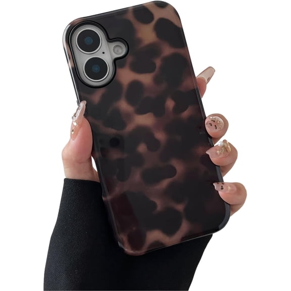 MKEUDQ-Compatible with iPhone 16 Case Tortoise Shell Phone Case for Women Girl Shockproof TPU and Hard PC Protective Cover - Amber Brown Leopard