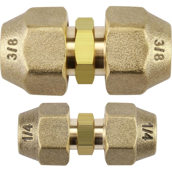MKEUDQ-Copper Pipe Extension Joint Connectors, 1/4 & 3/8 Inch HVAC AC Coupling Adapters with Flare Nuts, No-Weld HVAC Pipe Coupling Adapters for Mini Split Air Conditioning Refrigerator Repair, 2 Set