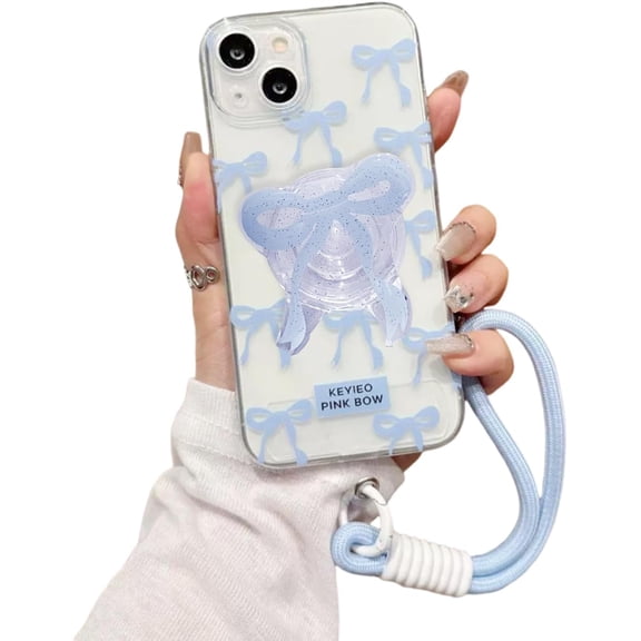 MKEUDQ-Cute Bow Case for iPhone 14 Pro Max 6.7 inch,Ribbon Bow Phone Case Soft Clear Cute Cover with Bownot Kickstand Phone Cover for Women and Girls,Blue
