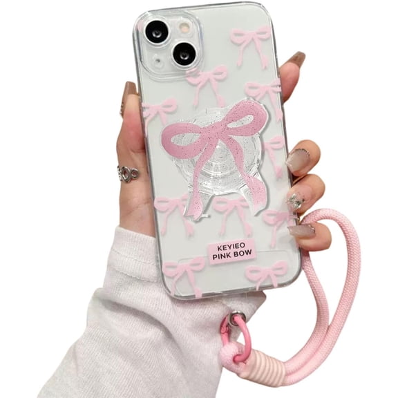 MKEUDQ-Cute Bow Case for iPhone 14 Pro Max 6.7 inch,Ribbon Bows Phone Case Soft Clear Cute Cover with Bownot Kicstand Phone Cover for Women and Girls,Pink