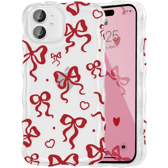 MKEUDQ-Cute Heart Bow Case for iPhone 11, Wave Ribbon Bows Phone Case Pretty Aesthetic Cover Cute Clear Shell Soft Bownot Phone Cover for Women and Girl - Burgundy