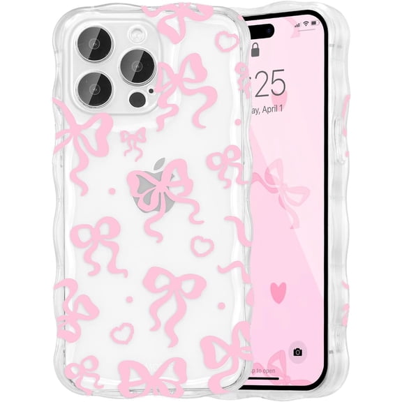 MKEUDQ-Cute Heart Bow Case for iPhone 14 Pro Max 6.7 inch, Wave Ribbon Bows Phone Case Pretty Aesthetic Cover Cute Clear Shell Soft Bownot Phone Cover for Women and Girl - Pink