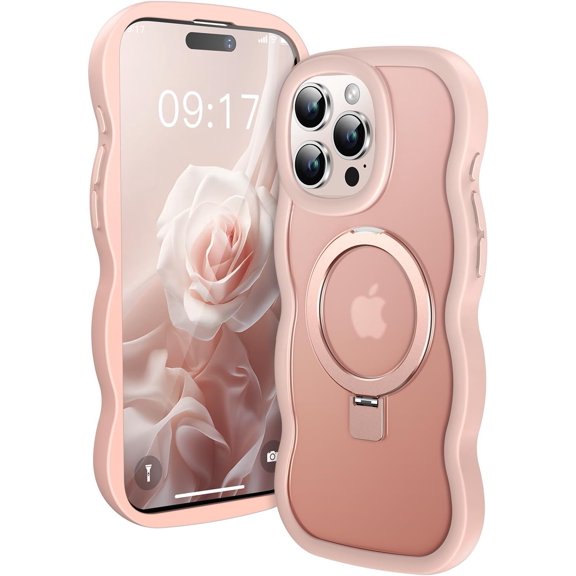 MKEUDQ-[Cute Wave Frame+Mag Stand] Designed for iPhone 15 Pro Max Case, [Fit for MagSafe] Translucent Silicone Protective Magnetic Ring Phone Case Cover for iPhone 15 Promax 6.7 inch Men Women, Pink