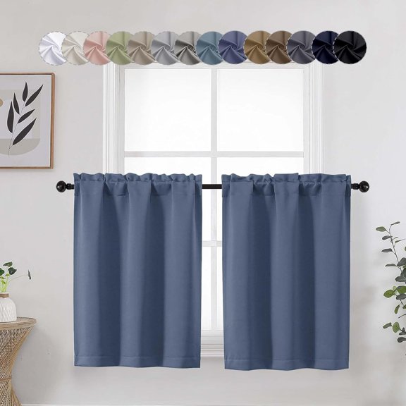 MKEUDQ-Denim Kitchen Blackout Curtains 30 Inch Length Tier 2 Panels, Soft Solid Thermal Insulated Room Darkening Small Window Curtains for Bathroom Basement, Denim, 2PCS Each 30" Wx30 L
