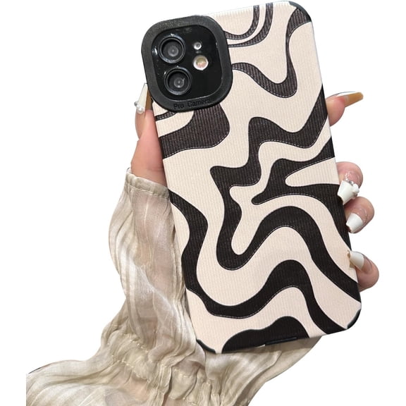 MKEUDQ-Designed for iPhone 12 Phone Case, Soft PU Leather TPU and Cute Art Wavy Painted for Women Girls, Slim Protective Shockproof Compatible with iPhone 12 (Beige)