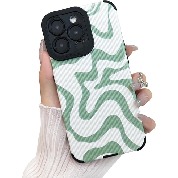 MKEUDQ-Designed for iPhone 13 Phone Case, Soft PU Leather TPU and Cute Art Wavy Painted for Women Girls, Slim Protective Shockproof Compatible with iPhone 13 Case (Green)