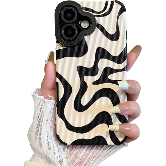 MKEUDQ-Designed for iPhone 16 Phone Case, Soft PU Leather TPU and Cute Art Wavy Painted for Women Girls, Slim Protective Shockproof Compatible with iPhone 16 (Beige)