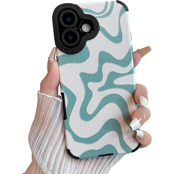 MKEUDQ-Designed for iPhone 16 Phone Case, Soft PU Leather TPU and Cute Art Wavy Painted for Women Girls, Slim Protective Shockproof Compatible with iPhone Case (Green, iPhone 16)