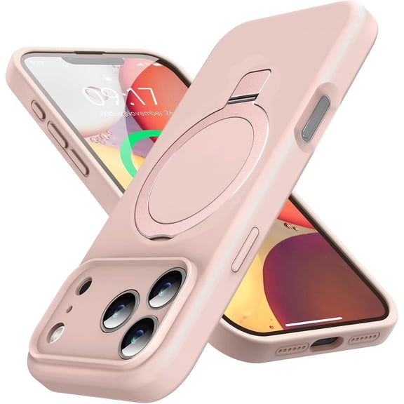 MKEUDQ-Designed for iPhone 17 Pro Case with Magnetic Invisible Stand, [Compatible with Mag-Safe][Full Camera Protection]Liquid Silicone Shockproof Phone Case with Anti-Scratch Microfiber Lining, Pink