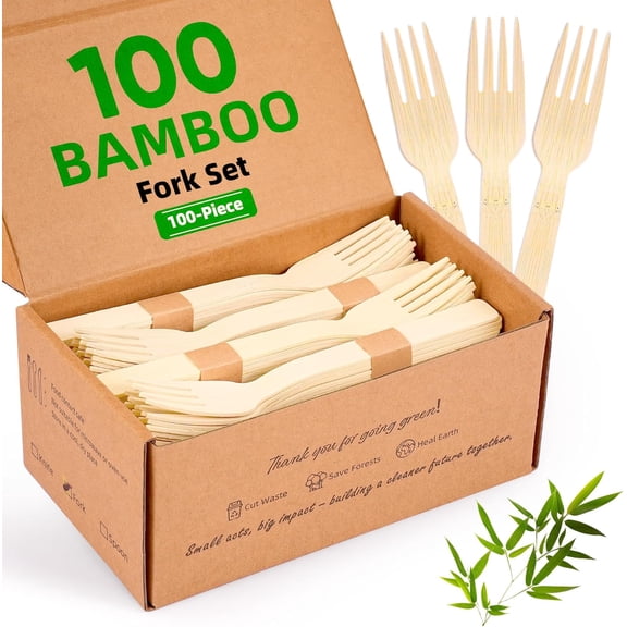 MKEUDQ-Disposable Bamboo Utensils Set, Compostable Cutlery, Eco-Friendly Disposable Silverware for Parties, Catering, Office Lunches 100 PCS Forks