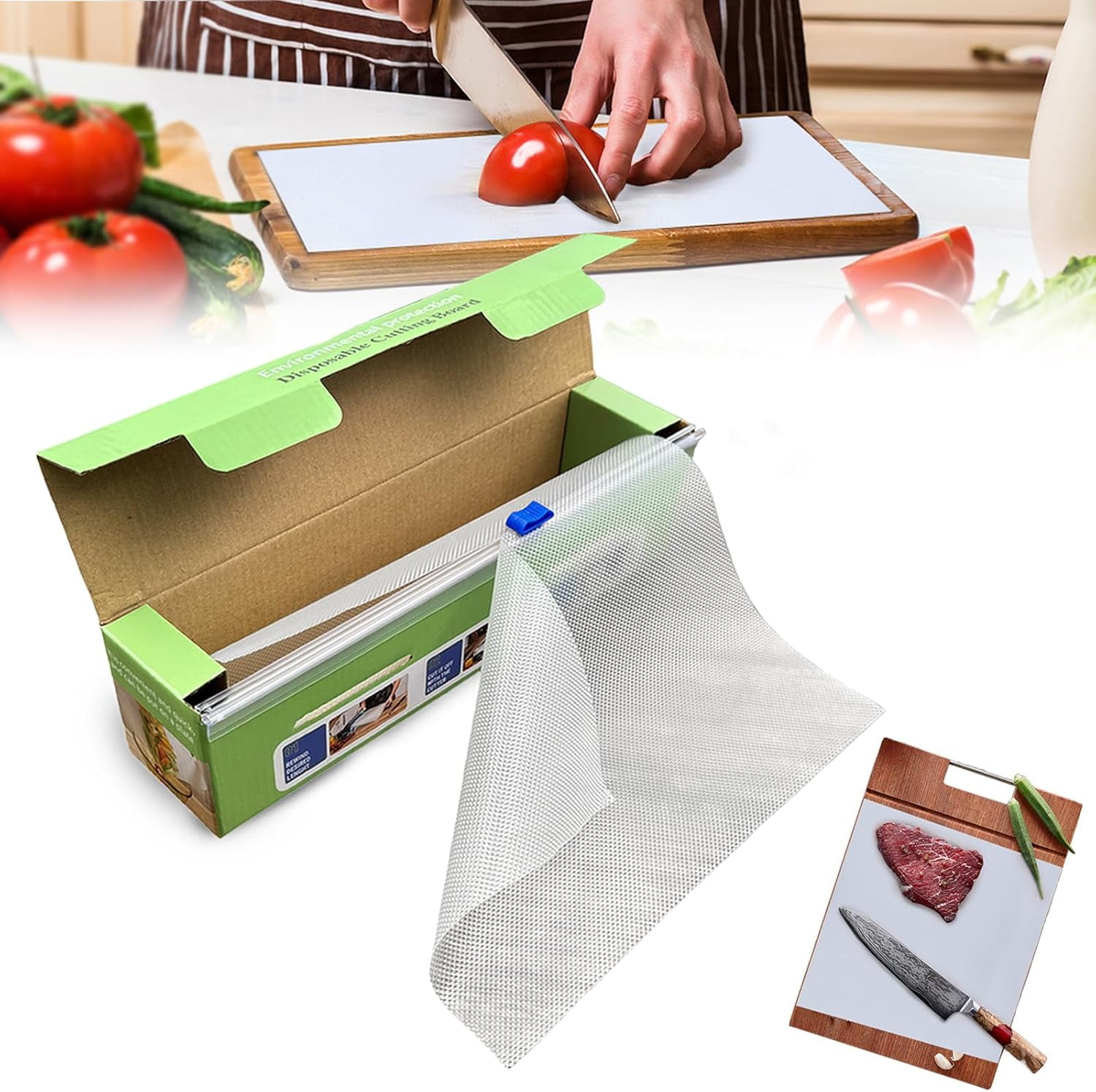MKEUDQ-Disposable Cutting Board Mat, Portable POE Disposable Cutting Mats Roll, Non-slip Collapsible Cutting Board Sheet with Easy Cut Slider, Easy Clean-Up for Kitchen, Outdoor Camping, BBQ