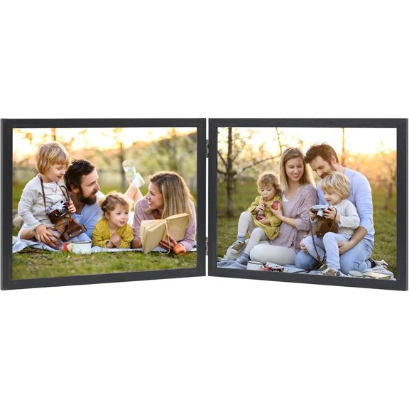 MKEUDQ-Double 11x8.5 Picture Frame Hinged Folding Horizontal Stand for Tabletop Display, Wood Two Opening 11x8.5 Double Photo Frame Collage with Shatter Resistant Plexiglass, Black