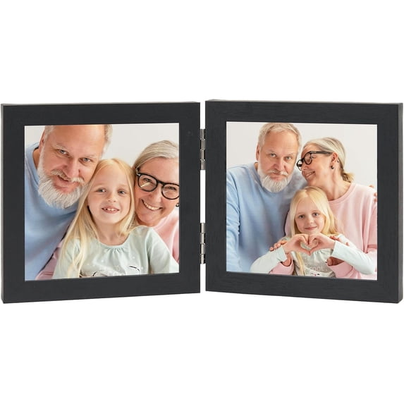 MKEUDQ-Double 4x4 Picture Frame Hinged Folding Vertical Stand for Tabletop Display, Wood Two Opening 4x4 Double Photo Frame Collage with Shatter Resistant Plexiglass, Black
