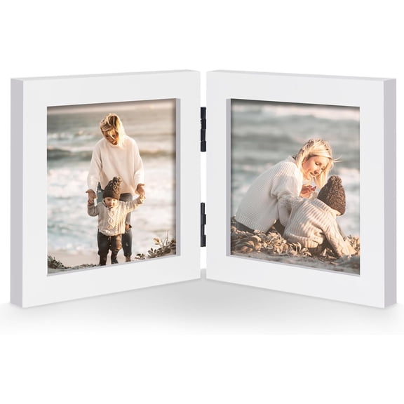 MKEUDQ-Double 4x4 Square Combo, White Wood Picture Frame, 3.5x3.5 Opening Foldable Photo Frame on Table-top or Wall
