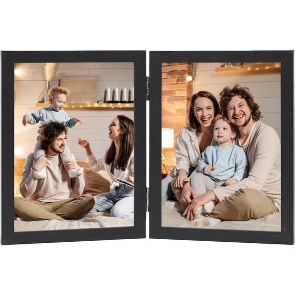 MKEUDQ-Double 5x7 Picture Frame Hinged Folding Vertical Stand for Tabletop Display, Wood Two Opening 5x7 Double Photo Frame Collage with Shatter Resistant Plexiglass, Black