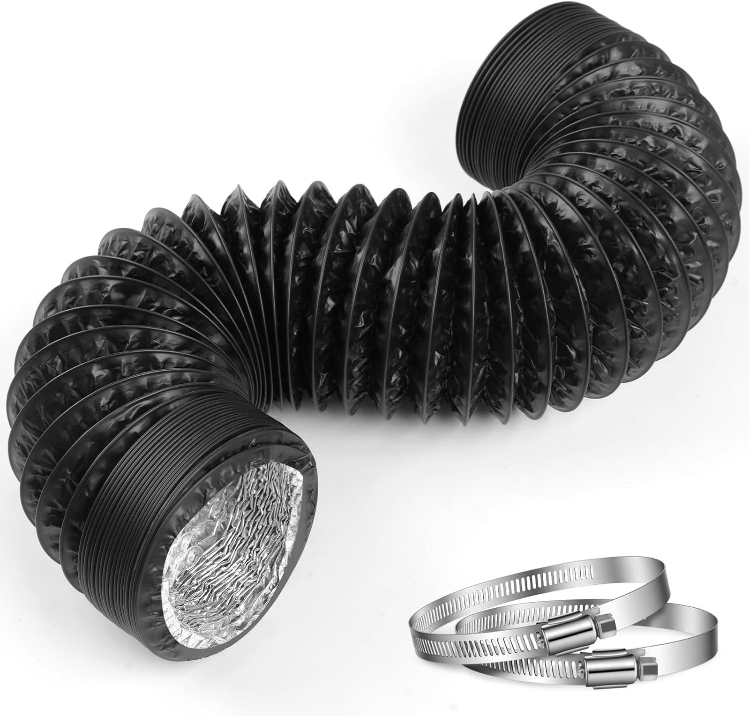 MKEUDQ-Dryer Vent Hose,4 Inch x 16FT Flexible Aluminum Duct-PVC Aluminum Foil Multi-Layer Air Ducting for HVAC Ventilation, Exhaust Fan,Grow Tent,2 Clamps Included