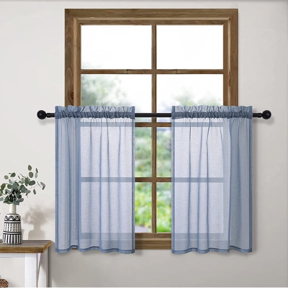 MKEUDQ-Dusty Blue Kitchen Curtains 36 Inch Length 2 Panels Rod Pocket Short Semi Sheer Linen Look Cafe Curtain Tiers for Bedroom Bathroom Small Windows Garage 30 by 36 Inches Long Country Blue Grey G