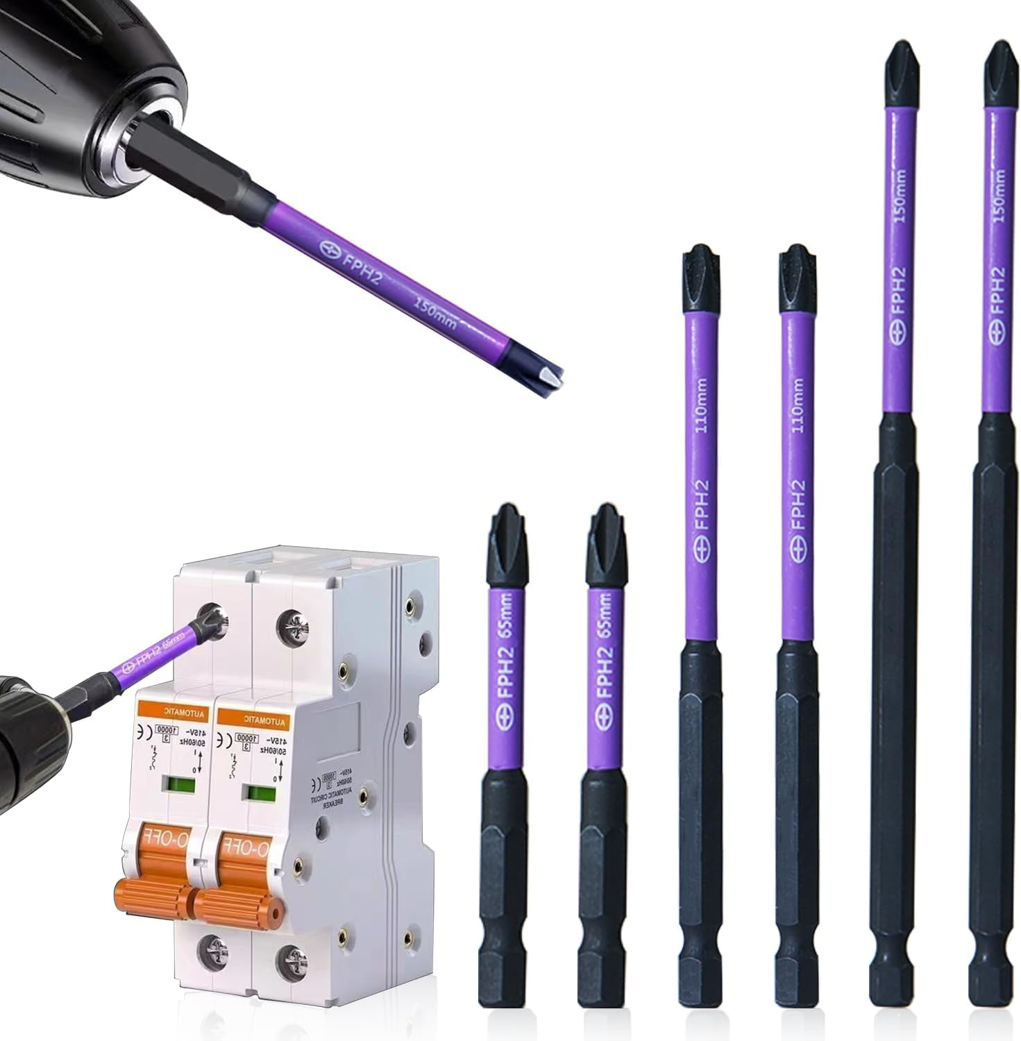 MKEUDQ-Electrician Impact Screwdriver Bit Set, 1/4” Hex-Shank S2 Steel FPH2 Screwdriver Bits for Electricians, 6PCS Phillips Cross Slot Head Screw Driver Drill Bits with Magnetism