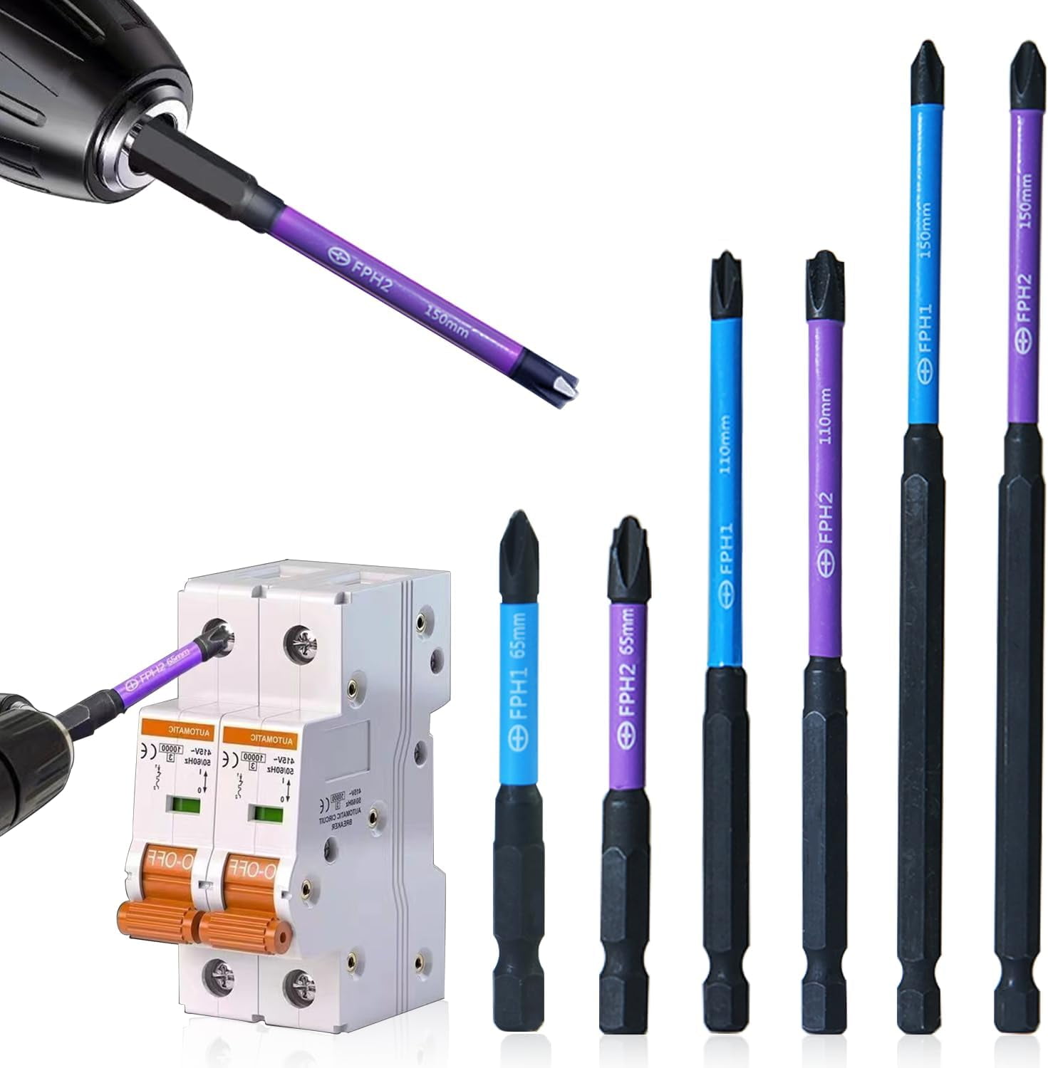 MKEUDQ-Electrician Impact Screwdriver Bit Set, 1/4\u201d Hex-Shank S2 Steel FPH1 & FPH2 Screwdriver Bit Set for Electricians, 6PCS Phillips Cross Slot Head Screw Driver Drill Bits with Magnetism