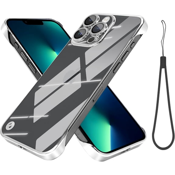 MKEUDQ-Electroplate Frameless Phone Case Compatible with iPhone 13 Pro Max Clear Minimalist Case, Transparent Clear Plating Silver Frameless Design, Lens Protects Shockproof Case