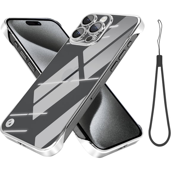 MKEUDQ-Electroplate Frameless Phone Case Compatible with iPhone 15 Pro Max Clear Minimalist Case, Transparent Clear Plating Silver Frameless Design, Lens Protects Shockproof Case
