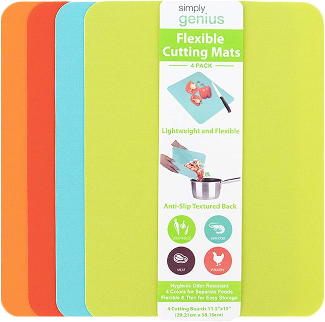 MKEUDQ-Flexible Cutting Board Set - Color-Coded Plastic Cutting Board Mats - Dishwasher-Safe Chopping Surfaces - Space-Saving Kitchen Mat Storage - 4-Pack Multicolor 11.5 x 15 in