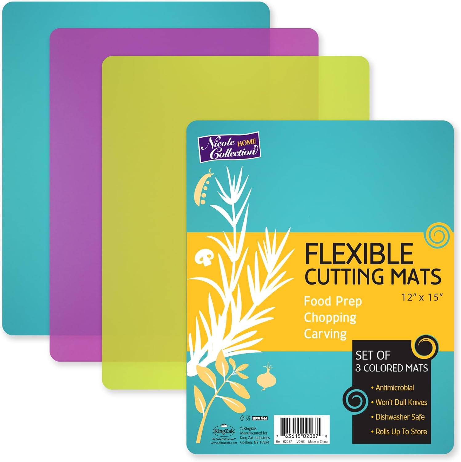 MKEUDQ-Flexible Cutting Mats Set of 3 - BPA-Free Plastic Color-Coded Kitchen Chopping Boards, 12"x15", Durable Non-Slip Mats for Meat, Veggies, Fruits