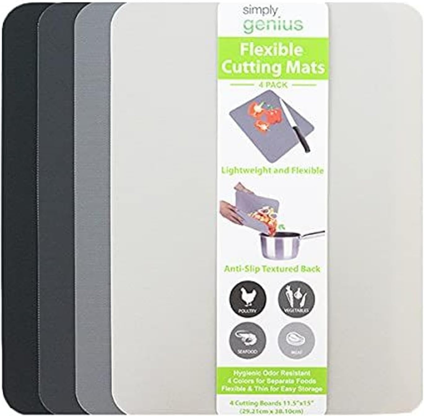 MKEUDQ-Flexible Rectangular Cutting Board Set - Dishwasher-Safe Kitchen Cutting Mat - Textured-Grip Flexible Surface - Odor-Resistant Plastic Chopping Mat - 4-Pack, 11.5 x 15 in, Gray