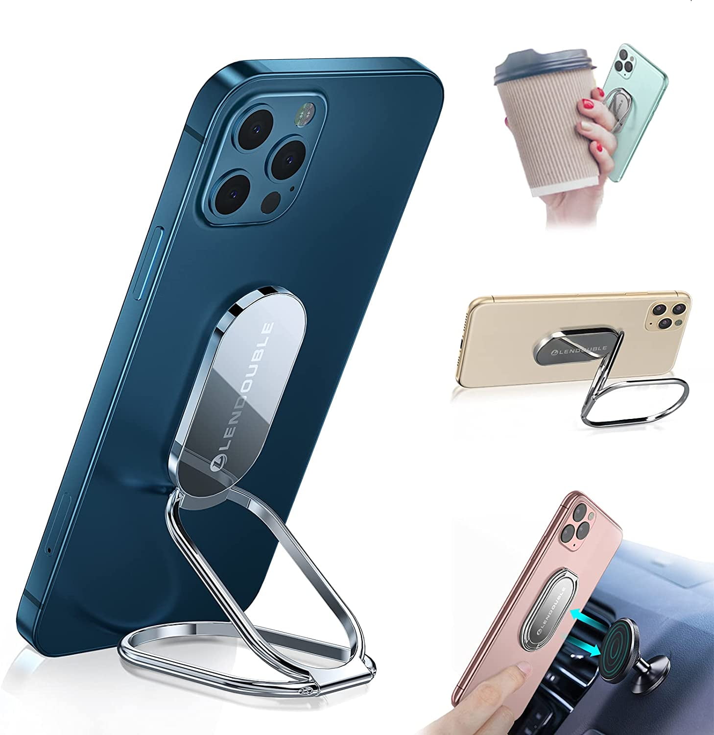 MKEUDQ-Foldable Cell Phone Stand for Desk, Adjustable Cellphone Ring Holder Finger Kickstand for Office Desktop & Magnetic Car Mount, Rotatable Multi-Angle Hand Grip for iPhone 16 15 Smartphones Back