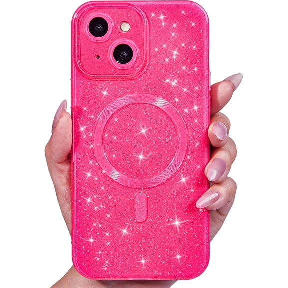 MKEUDQ-Glitter Case for iPhone 13 Mini Phone Case Magnetic Compatible with Magsafe, Sparkle Bling Shiny Sparkly Cute Girly Design, Bright Trendy Aesthetic Hard Mag Cover for Women, Neon Hot Pink