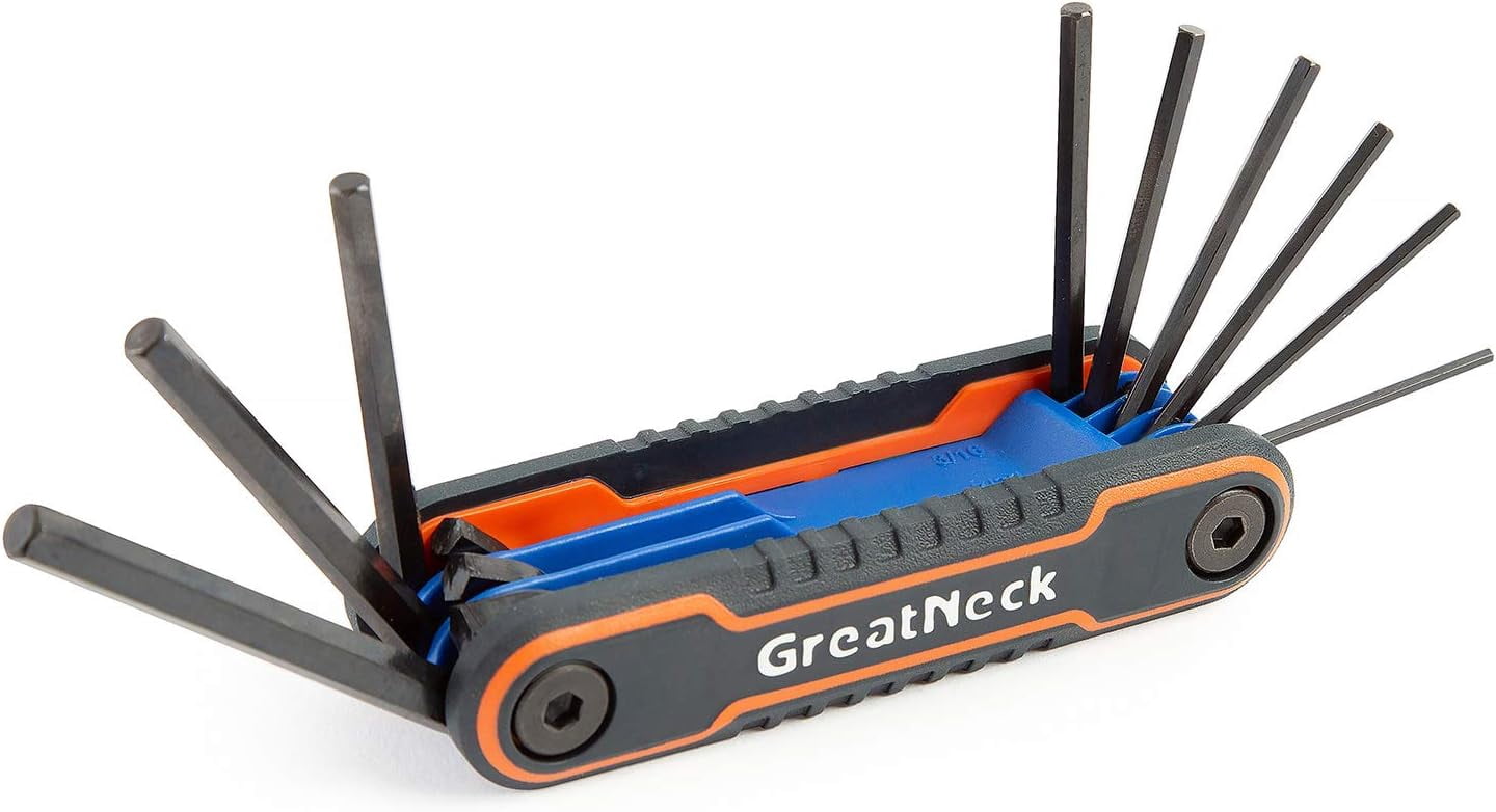 MKEUDQ-GreatNeck 74208 9 Piece Folding SAE Hex Key Set, Allen Key Set, Labeled Wrench Sizes, Easily Adjustable Fasteners, Color-Coded Body for Easy Identification