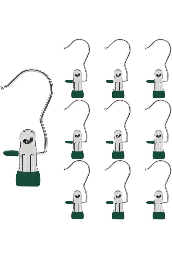 -Hangers Clips,Stainless Multi Function Clip Hooks,Laundry Hanging Hooks Clips,Closet Hangers,Boot Clips Hats Clips,Socks Clips,Pants Clips, Bras Clips (10, Dark Green)
