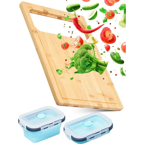 MKEUDQ-Happylivery Bamboo Cutting Board - Includes 2 Collapsible Containers - Solid Dural Bamboo - Space Saving with Non-Slip Feet - Rectangular Shape - Ideal for Vegetables