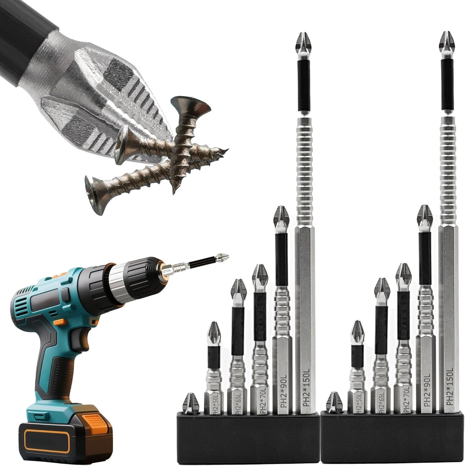 MKEUDQ-High Magnetic Drill Bit Set: K5 Impact Resistant Anti-Slip Bits, Non-Slip Alloy Steel for Impact Drivers, DIY/Pro Use (25-150mm)\u200b (12)