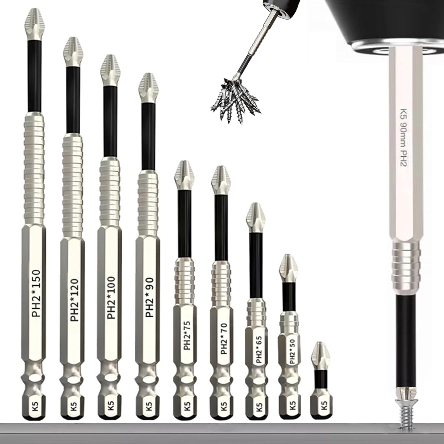 MKEUDQ-High Magnetic Screwdriver Drill Bit Set, 9Pcs K5 Impact-Resistant and Non-Slip Bit, Impact Driver Bit Set, Anti Slip Strong Magnetic Electric Screwdriver Set, 25/50/65/70/75/90/100/120/150mm