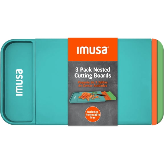 MKEUDQ-IMUSA Nesting Cutting Board Set with Removable Tray 4 Piece 14" x 7.5" Plastic Cutting Boards for Kitchen, Color Coded Chopping Board Set, Dishwasher Safe, Easy to Clean, Food Prep Boar