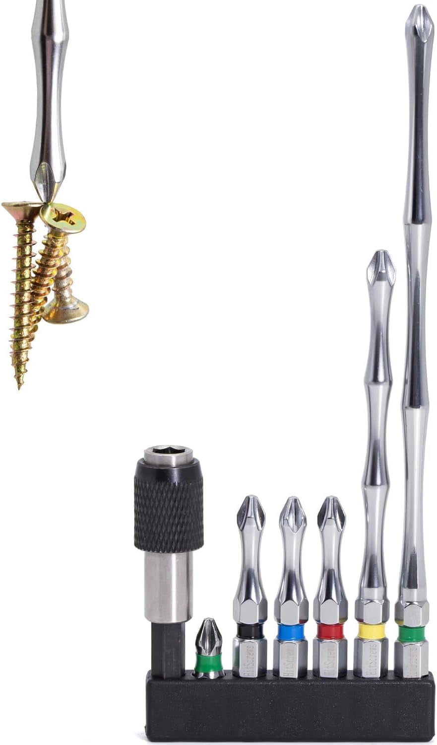 MKEUDQ-Impact Driver Bit Set PH2 (S2 Steel, CNC Phillips Tip, Chrome Finish) \u2013 Magnetic Screwdriver Bits Mixed Sizes: 1", 2", 4", 6" + Magnetic Bit Holder \u2013 7 PCS Kit for DIY & Repairs