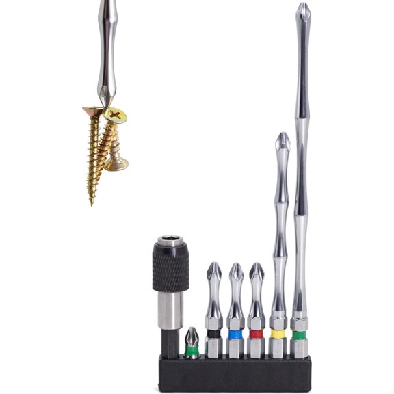 MKEUDQ-Impact Driver Bit Set PH2 (S2 Steel, CNC Phillips Tip, Chrome Finish) Magnetic Screwdriver Bits Mixed Sizes: 1", 2", 4", 6" + Magnetic Bit Holder 7 PCS Kit for DIY & Repairs