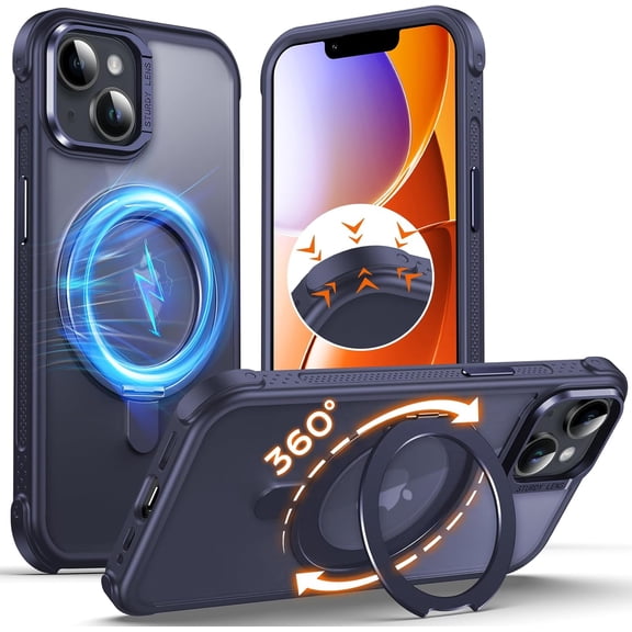 MKEUDQ-Invisible 360 Spin Magnetic Stand Case for iPhone 14/13 Compatible with Mag-Safe, [Non-Slip Edge] MIL-Grade Shockproof Bumper Translucent Matte Phone Case Cover for iPhone 14/13, Navy Blue