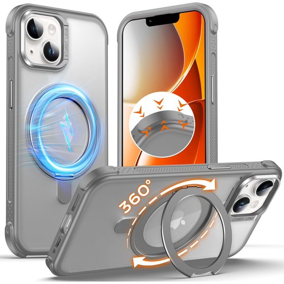 MKEUDQ-Invisible 360 Spin Magnetic Stand Case for iPhone 14/13 Compatible with Mag-Safe, [Non-Slip Edge] MIL-Grade Shockproof Bumper Translucent Matte Phone Case Cover for iPhone 14/13, Gray