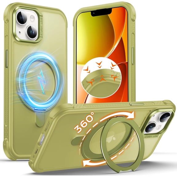 MKEUDQ-Invisible 360 Spin Magnetic Stand Case for iPhone 14/13 Compatible with Mag-Safe, [Non-Slip Edge] MIL-Grade Shockproof Bumper Translucent Matte Phone Case Cover for iPhone 14/13, Green