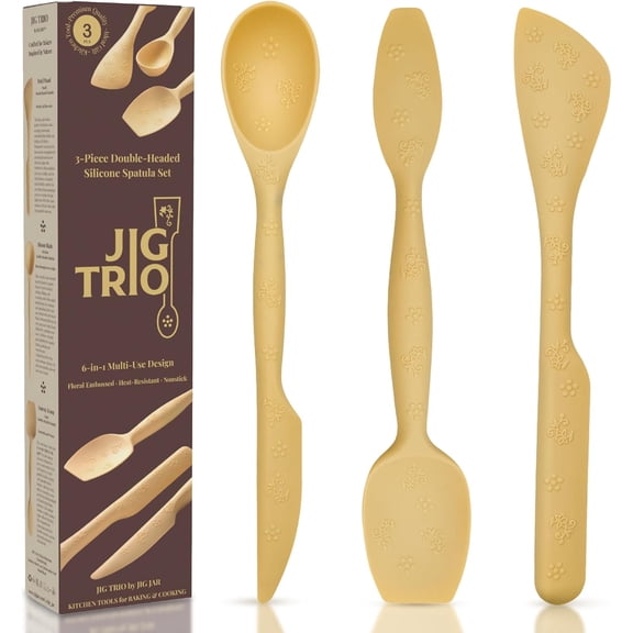 MKEUDQ-JIG TRIO Double Headed Silicone Spatula Set, 3 Piece Heat Resistant Kitchen Tools for Baking, Cooking & Mixing, BPA Free, Nonstick, Dishwasher Safe (Yellow)
