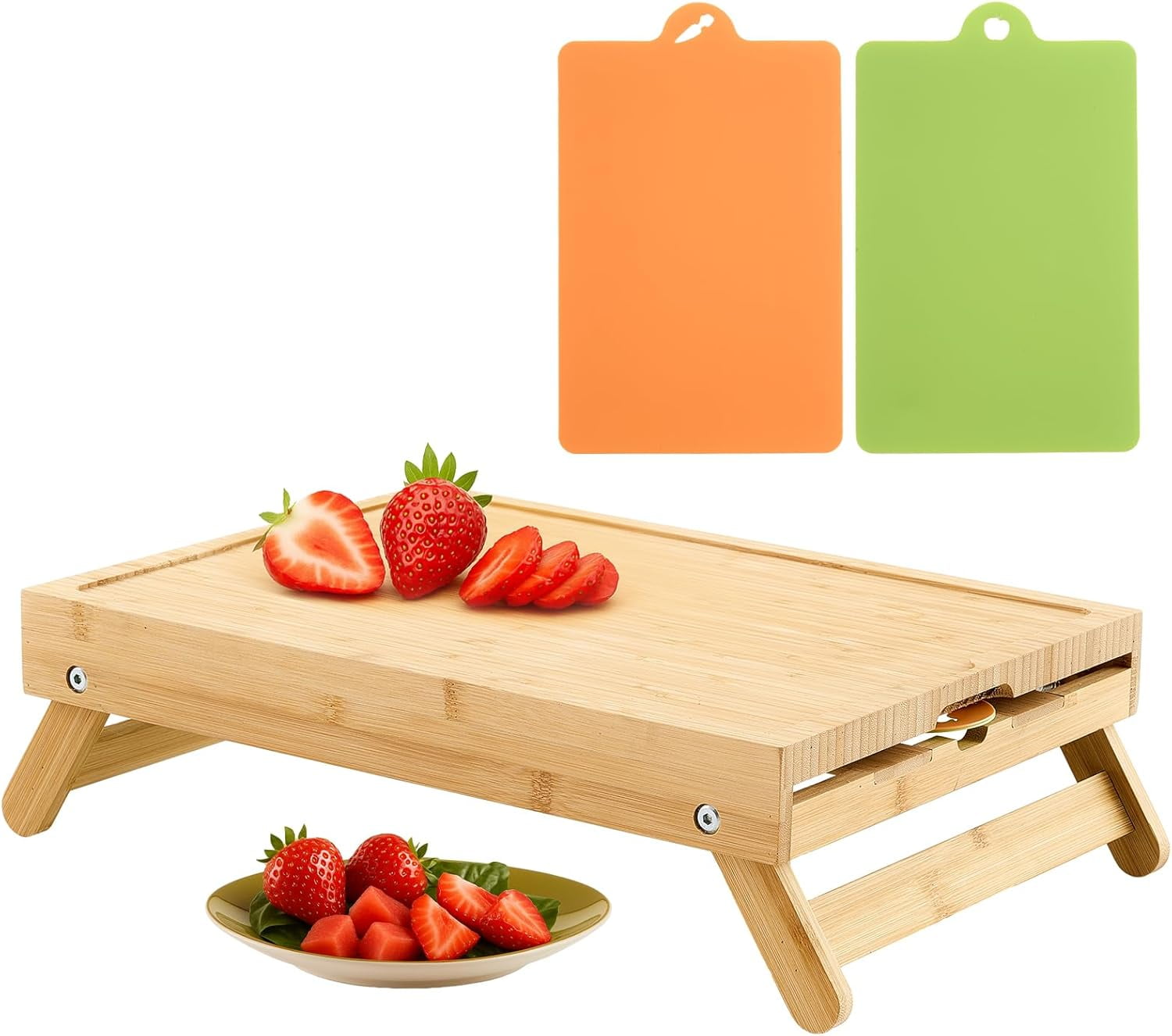 MKEUDQ-Large Raised Bamboo Cutting Board with Foldable Legs for Kitchen with 2 Plastic Cutting Mats Wooden Chopping Board for Kitchen Countertop, 15.5 x 11.5 x 4.5 Inches