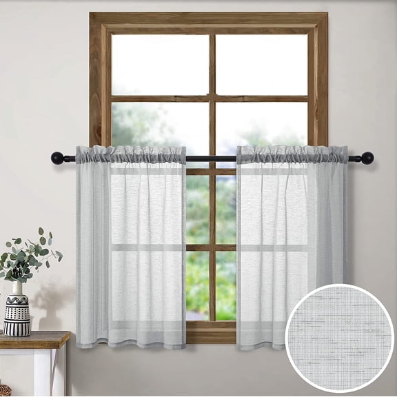 MKEUDQ-Light Gray Sheer Tier Curtains 24 Inch Length for Kitchen 2 Panel Rod Pocket Semi Transparent Short Bathroom Window Curtain Linen Look Cafe Curtains for Door Window Classroom 30x24 Long Silver