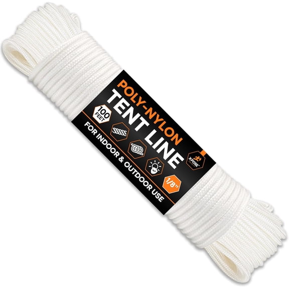MKEUDQ-Line Nylon Cord - 100 Ft White Reflective Guyline - Camping Rope, Guy Lines, Tie Down Rope - Tent Accessories & Cordage (White - Pack of 1, 100ft)