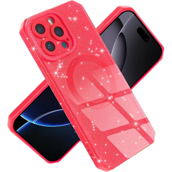 MKEUDQ-Magnetic Case for iPhone 12 Pro Max 6.7", Hot Pink Glitter Luxury Slim Shine Edge Silicone Shockproof Phone Case for Women Girls (Magsafe Compatible) (Hot Pink)